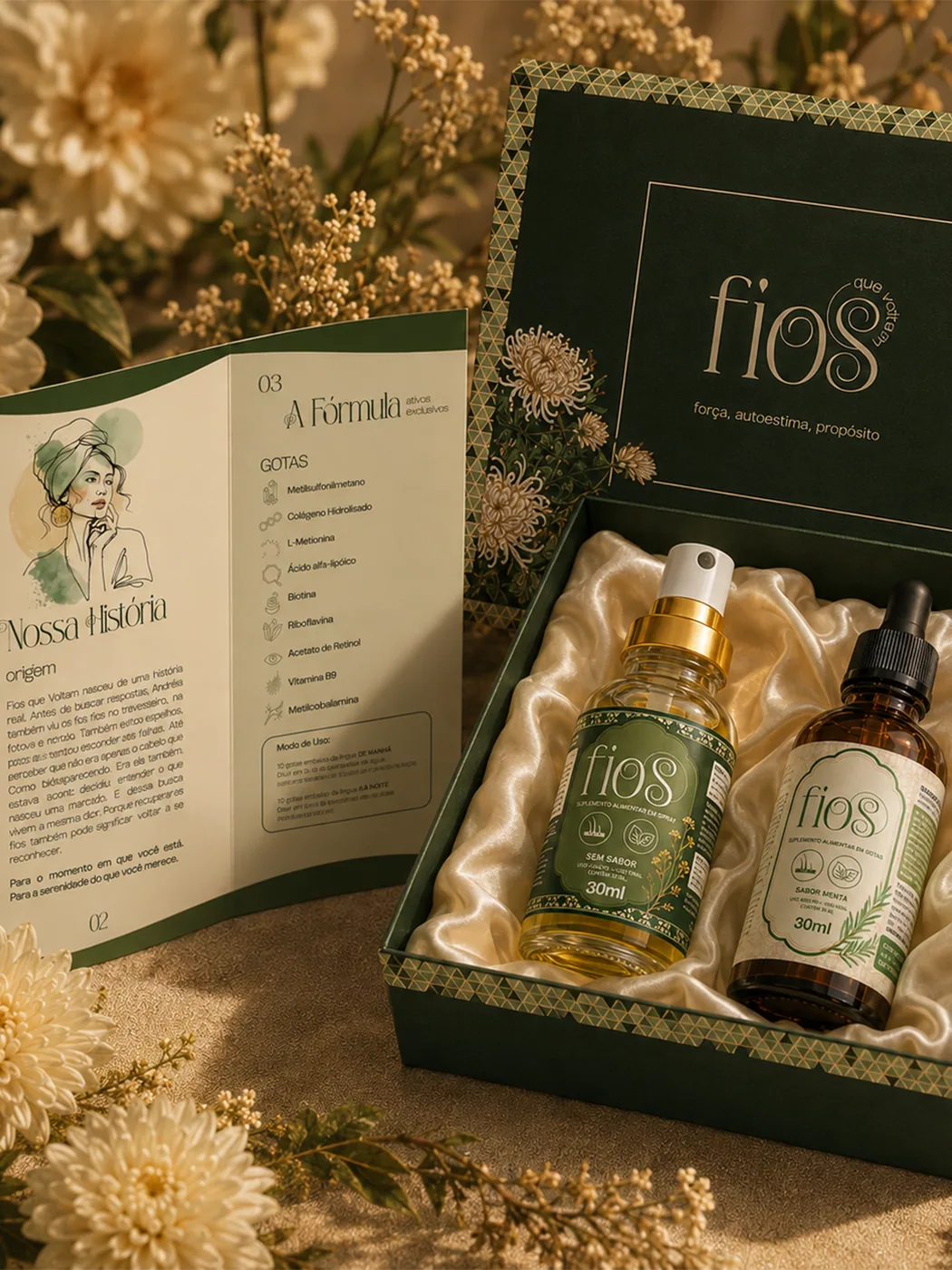 Kit Fios que Voltam em caixa verde, com frascos de spray e gotas, folheto e flores.
