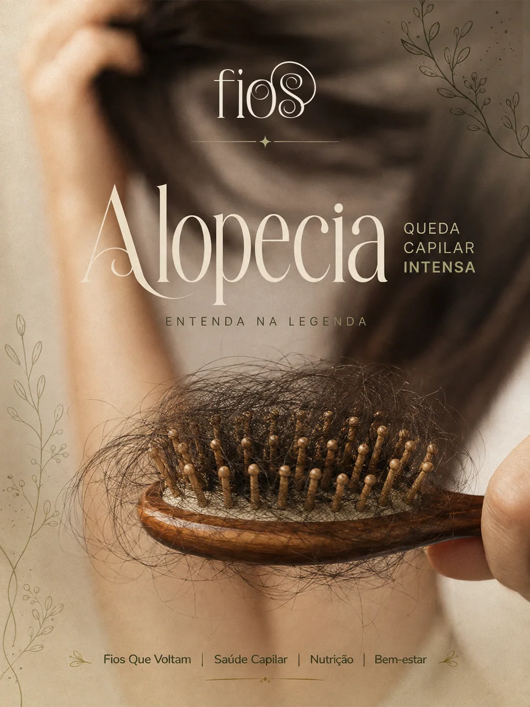 Escova cheia de fios de cabelo com o título Alopecia — queda capilar intensa.