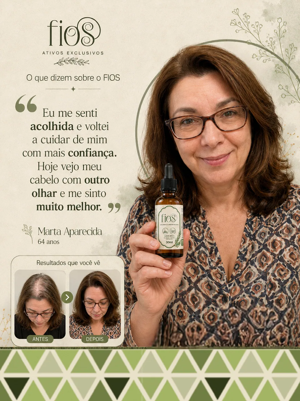 Arte de depoimento de Marta Aparecida segurando o Fios que Voltam, com comparação do cabelo antes e depois.