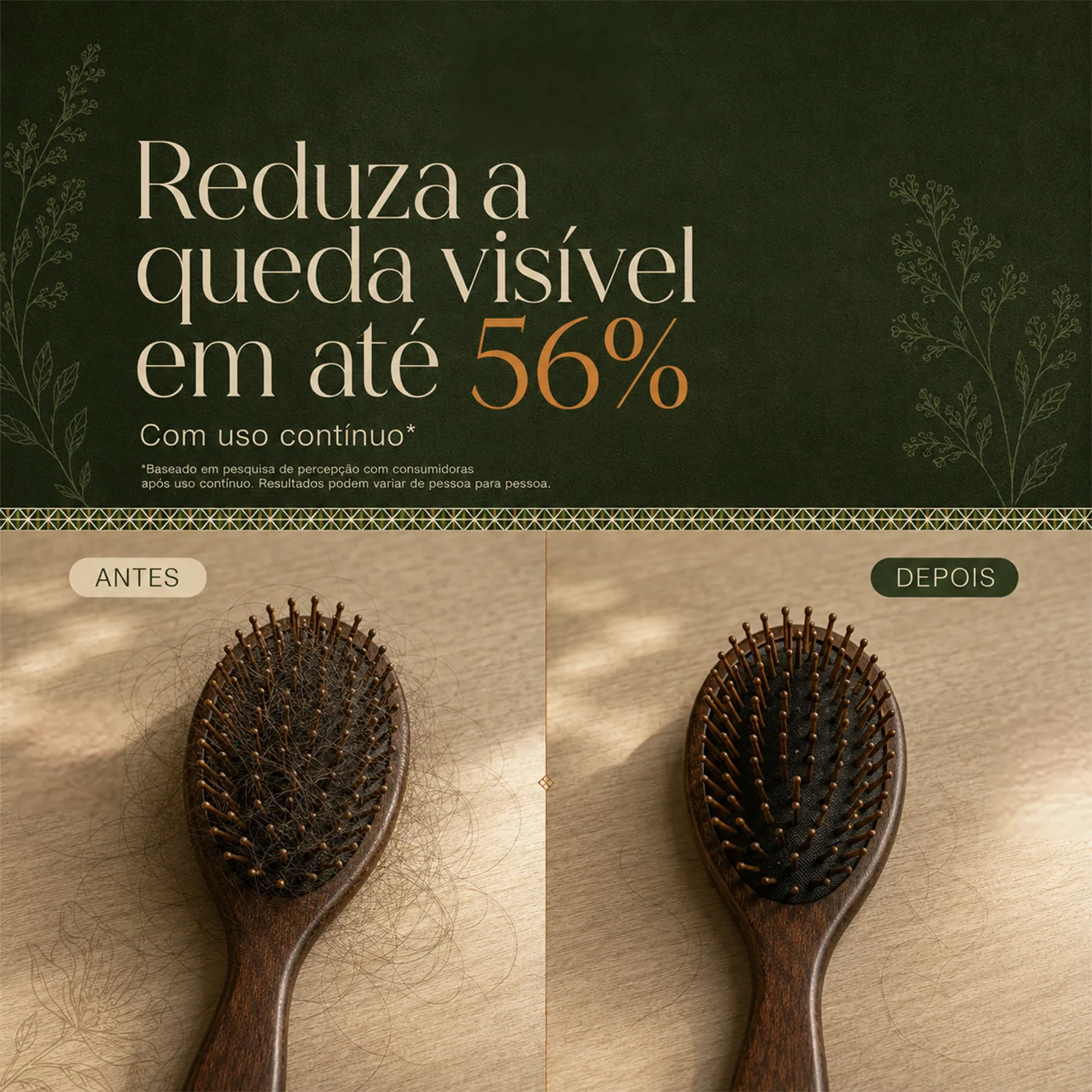 Antes e depois na escova: redução da queda visível em até 56% com uso contínuo